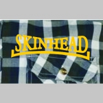 Skinhead pánska čiernobielošedá košela na gombíky s krátkym rukávom s tlačeným menším žltým logom vpredu a väčším na chrbtovej strane 
